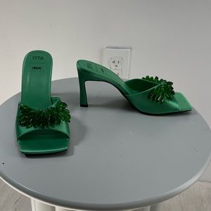 ASOS DESIGN TTYA embellished mid-heeled mules in green satin